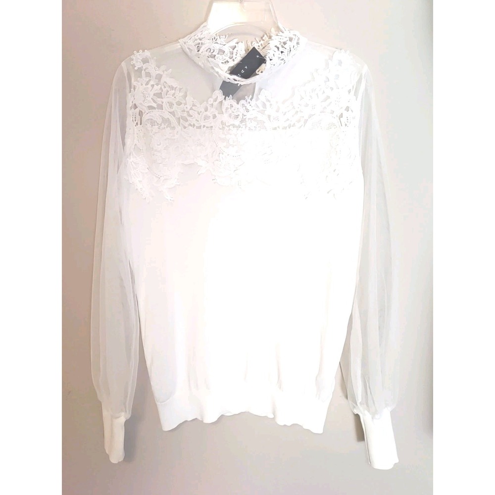 Adiva Women White Lace Neckline Sleeves Floral Crochet Knit Sweater Size‎ L